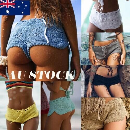 AU Stock Sexy Women Solid Brazilian Cheeky Bottom Thong knited Summer Beach Party