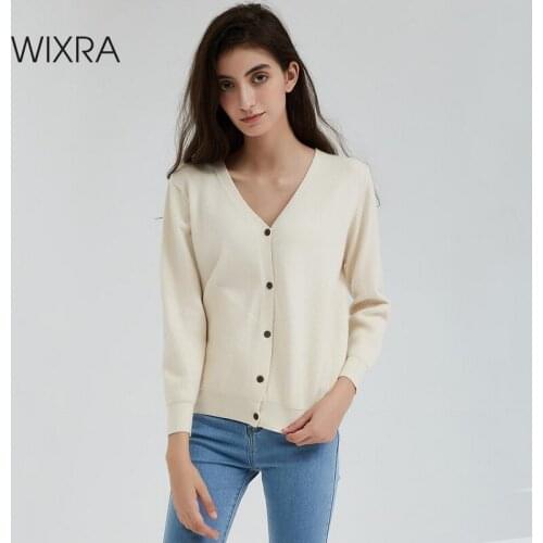 Wixra Women Knitted Cardigan Sweater Autumn Winter 2019 Casual V-Neck Long Sleeve Loose Knit Sweater Coat Female Tops