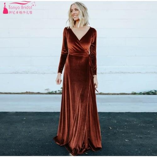 Long Sleeve Velvet Bridesmaid Dresses V-Neck Floor Length Plus Size wedding Party Gowns Maid Of honor Vestido de festa ZB107