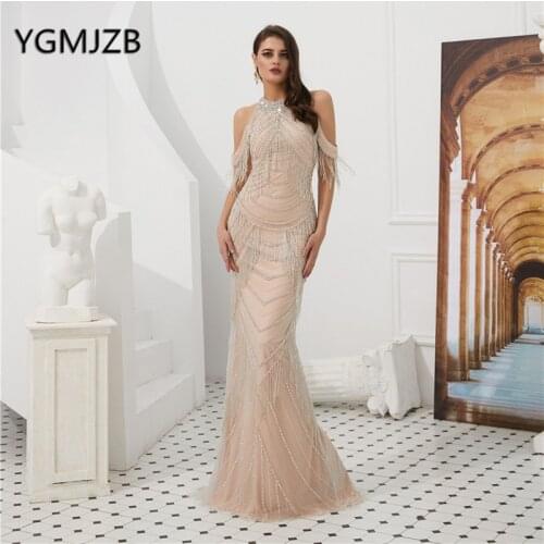 Luxury Long Evening Dress 2019 Mermaid Tassel Beading Crystal Halter Sexy Backless Prom Dress Formal Party Gown Robe De Soiree