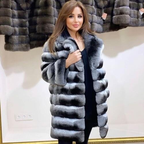 Mid-Length Fur Coat Women Trendy Fur Jacket Classic Fashion Chinchilla Colored Real Rex Rabbit Fur Overcoat High Quality