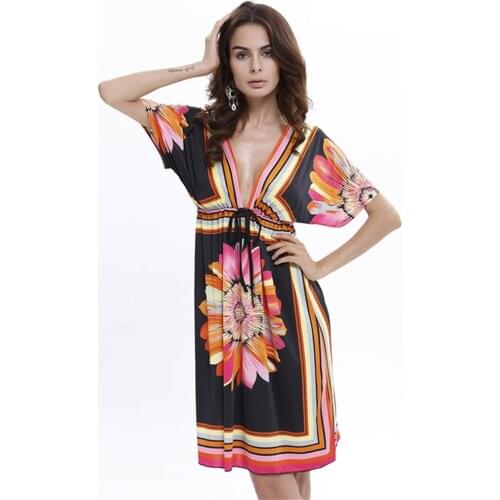 Women Deep V-neck Dress Printed High Waist Bohemian Beach Holiday Dress Summer Ladies Drawstring Backless Short Sleeve Dresses