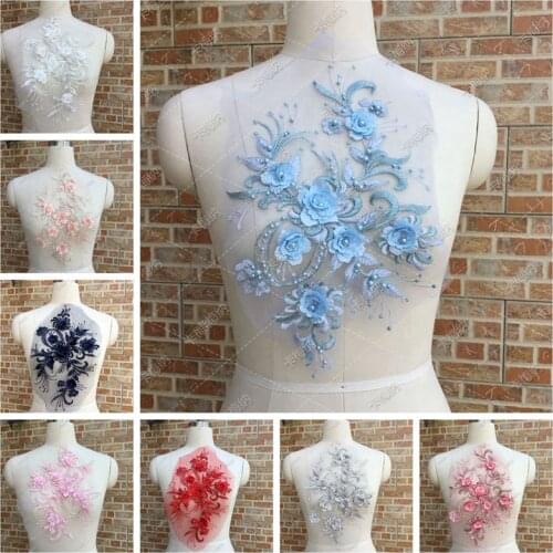 1pcs 3D Flower Embroidery Lace Bridal Applique Beaded Pearl Tulle DIY Handmade Wedding Dress Clothes Fabric Accessories