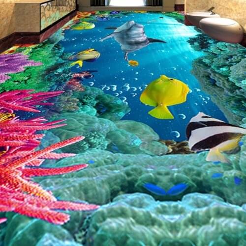 Free Shipping 3D Stereoscopic Sea World Dolphin stereo non-slip moisture anti-skidding wallpaper living room wallpaper mural