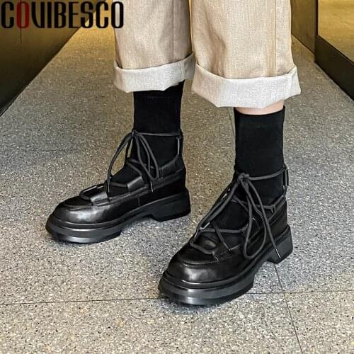 COVIBESCO Autumn Winter Fashion Casual Women Ankle Boots Genuine Leather Shoes Woman New Narrow Band Low Heels Platforms Boots