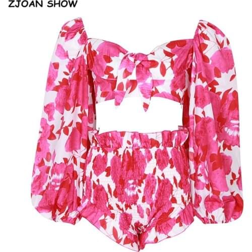 2 Pieces Set Sexy Women Floral Print Tie Bow Crop Top Holiday Elastic Ruched Hem Wood ears Mini Shorts Lantern Long Sleeve Tops