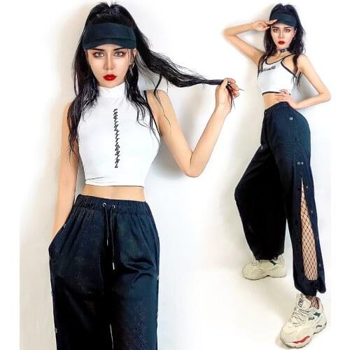 Adult Hip Hop Street Dance Clothing Vest Hollow Out Trousers Set Female Nightclub Jazz Gogo Dancing Performance Costume YS2294