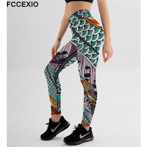 FCCEXIO New Design Fitness Women Workout Leggings Fashion Deep Sea Mermaid Print High Waist Elastic Push Up Ankle Leggings