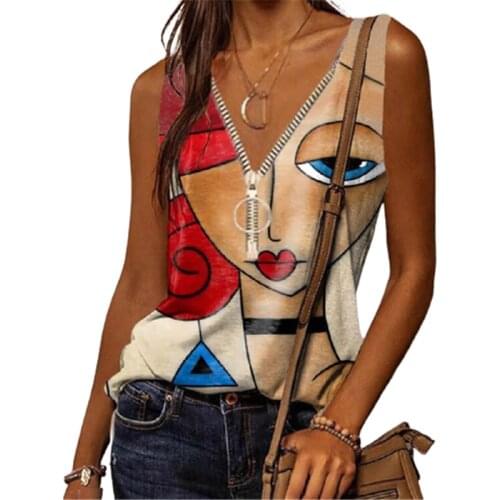 3D Cartoon Face Women Tank Tops Casual V-Neck Zipper Loose Plus Size Tops Summer Beach Vest Female Tops 2021 New Streetwear 5XL
