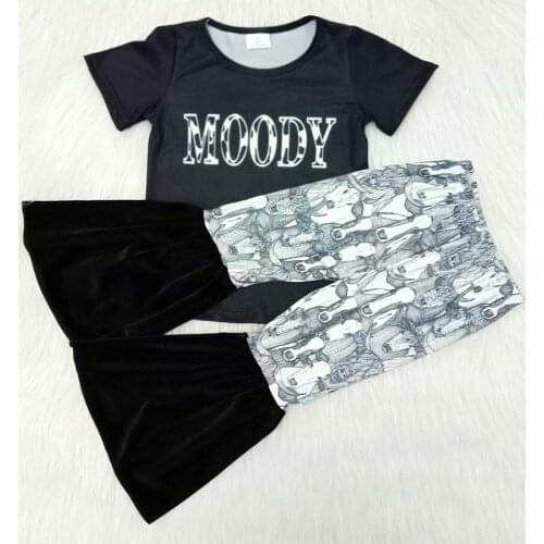 Hot sell new style girl outfit fashion letter printed with moody shirt and bell pants set toddler girl horse pattern clothes