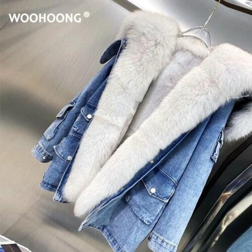 Winter New Real Fur Coat Female Parker Natural Fox Jacket Denim Rex Rabbit Liner Loose Navy Style Fashion streetwear