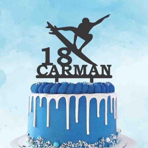 Personalized Surfing Cake Topper Custom Name Age Man Beach Surfing Silhouette For Surfing Fans Birthday Party Cake Decoration