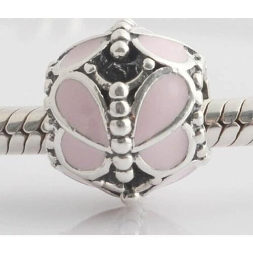 Authentic S925 Silver Bead Butterflies Charm fit Lady Bracelet Bangle DIY Jewelry Pink Enamel