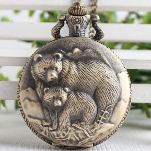 Retro Vintage Bronze Bear Coon Quartz Pocket Watch Analog Pendant Necklace Men Women Watches Chain Children Gift CF1057