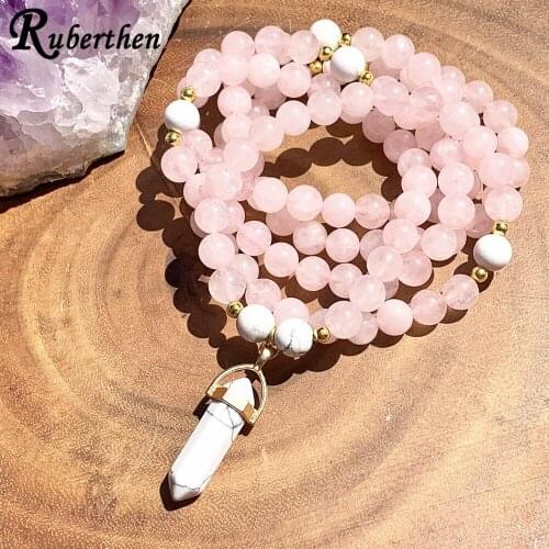 Ruberthen Rose Quarz & Howlite Wrapping Mala Bracelet Women`s 108 Mala Yoga Necklace Feminine Goddess Yoga Meditation Necklace