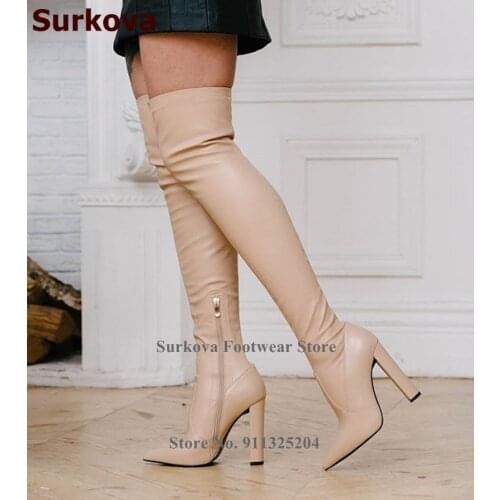Surkova Sexy Elastic Matte Leather Over-the-knee Boots Chunky Heel Pointed Toe Bodycon Boots Zipped Thigh High Boots Dress Shoes