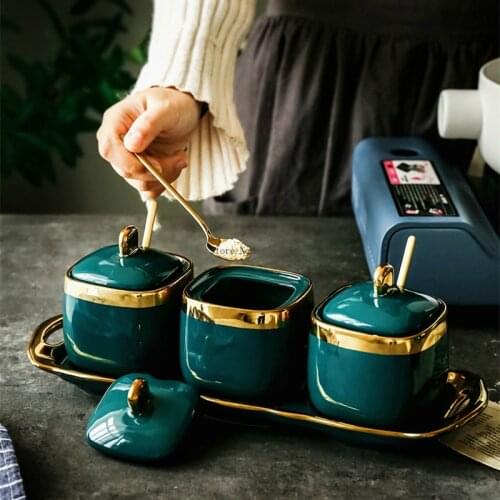 Northern European Light Luxury Emerald Ceramic Sugar Cans Salt MSG Jar Seasoning Jar Seasoning Box Four-piece Household Set