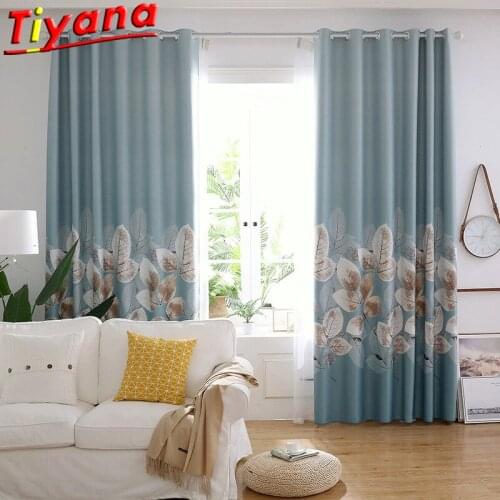 Printed Leaves Curtains for Living Room Leaf Blue Semi-blackout Window Drapes for Bedroom Plants Curtains#VT