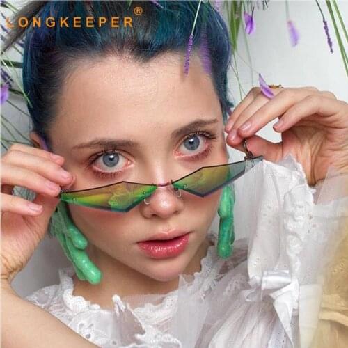 LongKeeper Luxury Cat Eye Sunglasses Women Vintage Small Rimless Sun Glasses Ladies Fashion Mirror Eyewear UV400 Shades Hip Hop
