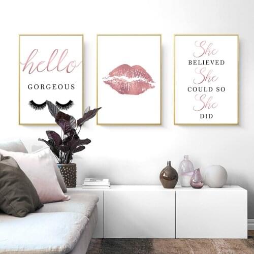 Modern Rose Pink Makeup Lash Hello Gorgeous Sign Lips Canvas Painting Wall Art Poster Print Picture Girl Bedroom Home Decoration