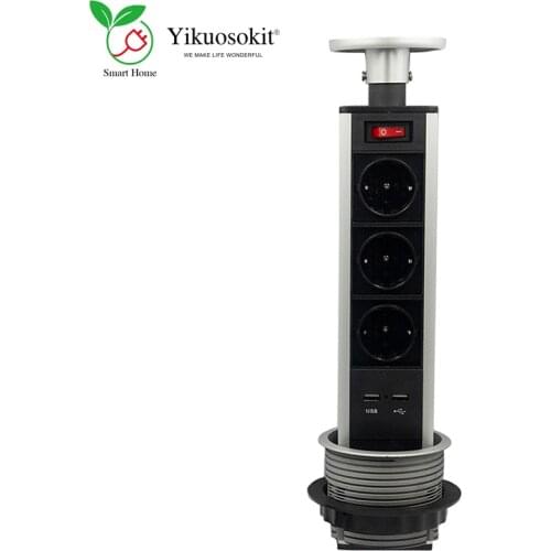 Silver Black Retractable Kitchen Tabletop Pulling Up Power Socket With 3 EU Plug Outlets, 2 USB Charging Ports On Off Switch