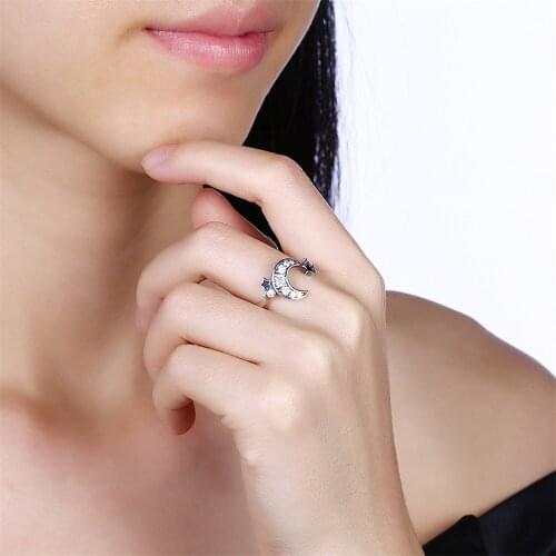 YPAY 100% Real 925 Sterling Silver Crescent Moon & Star Dazzling Zircon Open Finger Rings for Women Engagement Jewelry YMR033