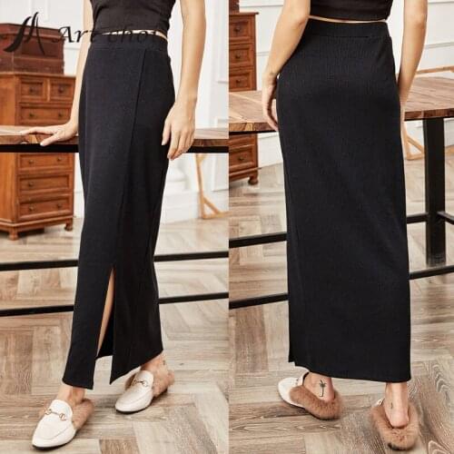 Spring Autumn Maxiskirt Women Long Straight Bodycon Hip Skirts High Waist Slit Fashion Elegant Female Outfit Sheath Skirt Black