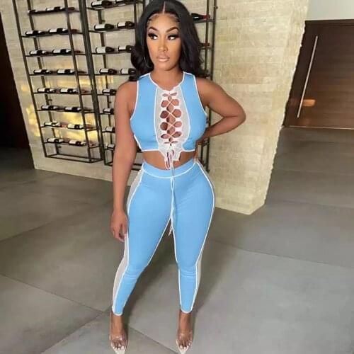 Women Summer Fashion Two Piece Set Sexy Lace Up Hollow Out Bandage Tank Top And Long Skinny Pencil Joggers Casual Outfits XXL