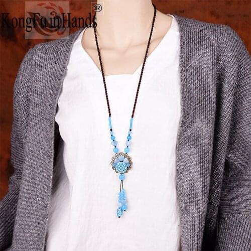 Women Fashion Classical Sweater Chain Long Beautiful Elegant Blue Retro Pendant Accessories Female Ladies Necklace For Gifts