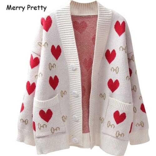 MERRY PRETTY Womens Knitted Sweaters Cartoon Embroidery Knit Cardigan Single-breasted V-Neck Loose Sweater With Pockets