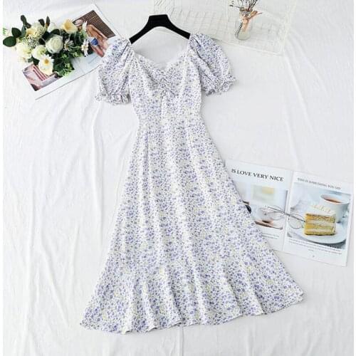 Summer Fairy Dress Women French Style Vintage Retro Chiffon Dress Puff Sleeve Casual Elegant Floral Print Dress Women 2021 New