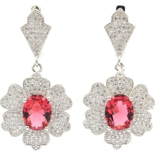 40x20mm Big European Design Created Pink Tourmaline Blue Aquamarine For Women Dating Silver Earrings Fine Jewelry