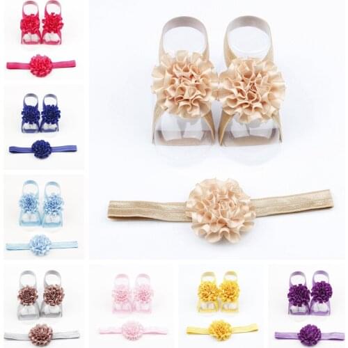 Fashion 3pcs/set Satin Ribbon Rose Flower Barefoot Sandals with Headband Sets Infant Baby Kids Newborn Photography Props