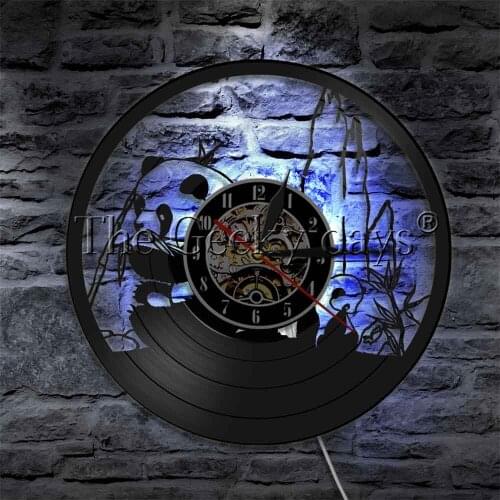 Adorable Giant Panda Vinyl Record Wall Clock With Color Change Panda Eating Bamboo Home Decor Watch Time Modern Wall Lamp
