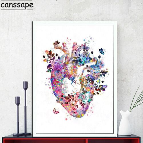Human Heart Print Organ Anatomy Canvas Painting Medicine Anatomical Poster Vintage Print Watercolor Flower Pictures Clinic Decor