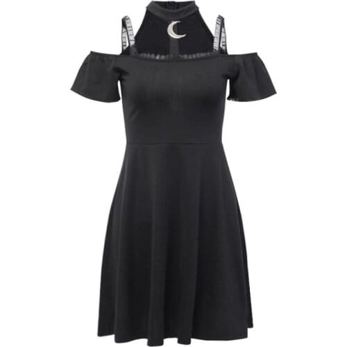 Black Mini Dresses Women 2020 Summer Gothic Harajuku Sexy Streetwear Mesh Moon Lace Strap Halter Female Goth Punk Dress Vestidos