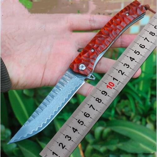 KESIWO Red Arrow Damascus Folding Blade Sandalwood Handle Pocket Survival Camp Hunt Fruit Outdoor Rescue Gift Kitchen EDC Knife
