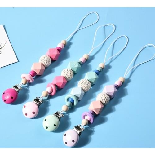 Eco-friendly Pacifier Clips Holder Chain Wooden Beads Bracelet Baby Wooden Pacifier Chains Safe Teething Chain Baby Teether