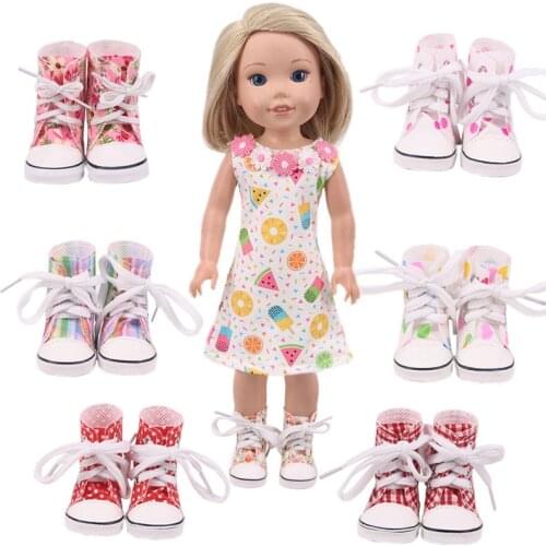 Long Tube Printed Canvas & Solid Casual Doll Shoes Suitable For Autumn & Winter For 14 Inch Dolls Birthday Girls Toy Gifts