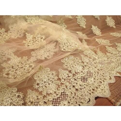 Upscale 120 cm wide light beige bone spur lace car full of gold lace fabric, dress,clothing accessories, lace cloth
