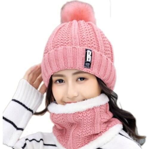 MAERSHEI Fur Ball Womens Winter Hat Fashion Thicken Warm Scarf Set Female Pompom Ski Skullies Beanie Hats