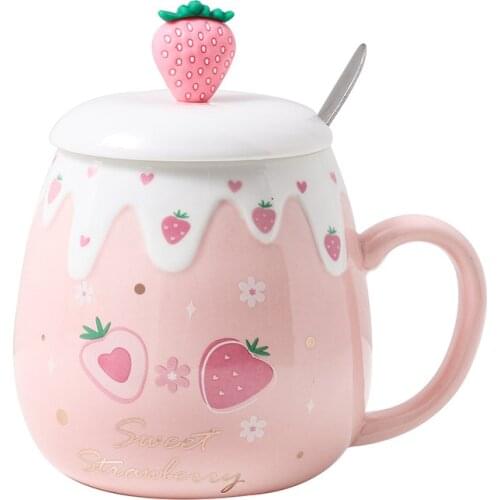 500ml cute fruit strawberry ceramic cup pink girl heart art small fresh water cup office business big belly cup