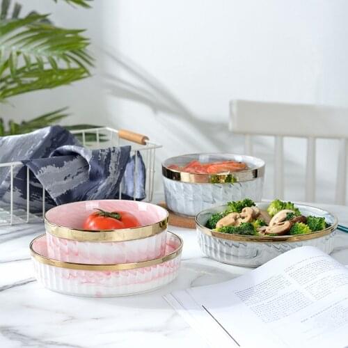 Marble Ceramic Bowl European Gold Rim Porcelain Deep Salad Food Plate Round Creative Tableware Large Bowl Soup Noodle Bowl