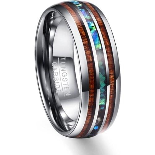 Nuncad 8mm Hawaiian Koa Wood Abalone Shell Tungsten Carbide Rings Wedding Rings for Men Comfort Fit Size 5-14