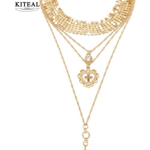 KITEAL Hot Gift New Personality Accessories Flash Crystal Peach Heart Cross Sequin Clavicle Necklace Female Golden Jewelry