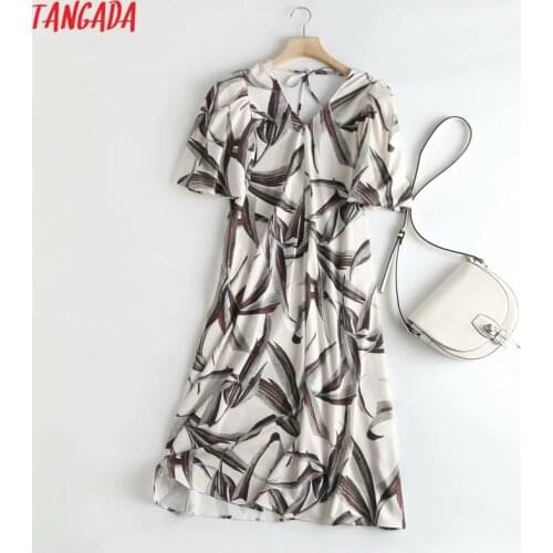 Tangada 2021 Summer Women Flowers Print Elegant Midi Dress V Neck Short Sleeve Ladies Dress Vestidos 4C93