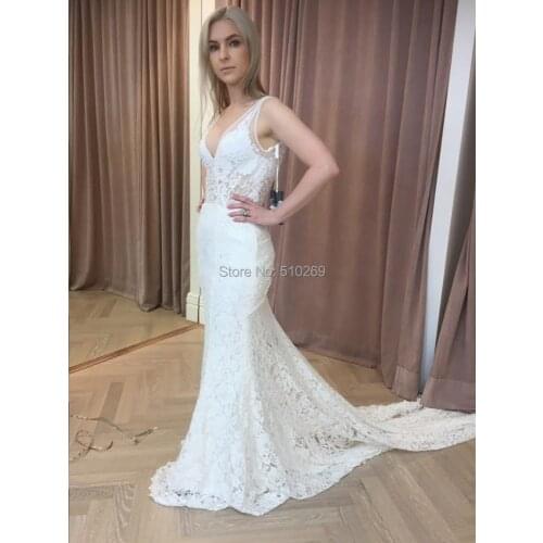 Stunning Lace Fit and Flare Wedding Dress Plunging V Neckline Low V back Robe De Mariage Casamento Custom Made Bridal Gowns