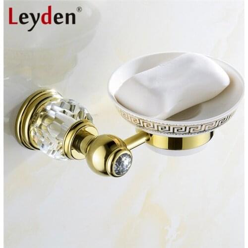 Leyden Luxury Golden Brass& Crystal Ceramics Soap Dish Holder European Royal Wall Mounted Bath Soap Holder Bathroom Accessories