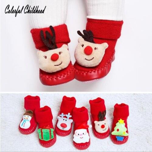 Christmas Series Baby Winter Socks Lovely ElK Snowman Shape Splice Socks Toddler Kid Xmas Red Thicken Terry Leather Sole Socks