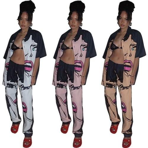 OMILKA Funny Face Printed 2 Piece Set Women Short Sleeve Shirt and Long Pant Set 2020 Autumn Sport Suit Casual Tracksuits